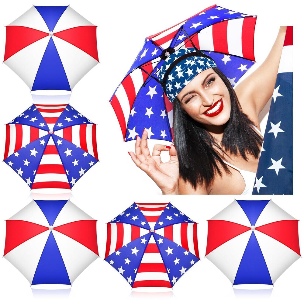 6360 6 Pcs Patriotic Umbrella Hat White Red Blue Umbrella Cap 4th of July